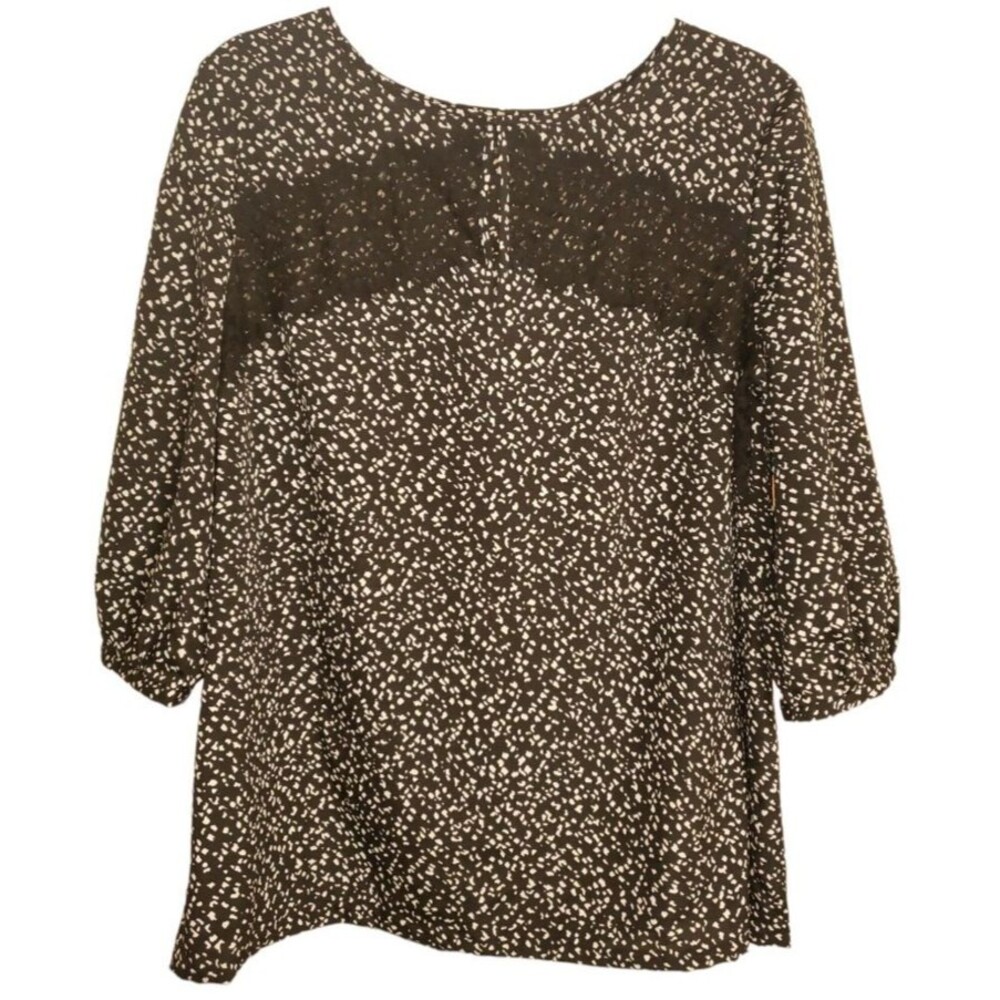 Ann Taylor Blouse Size L Black With White, Black Lace V Neck 3/4 Sleeve